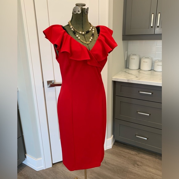 Scarlett Red - Calvin Klein Ruffle Neck Dress - sz10 - Picture 2 of 4